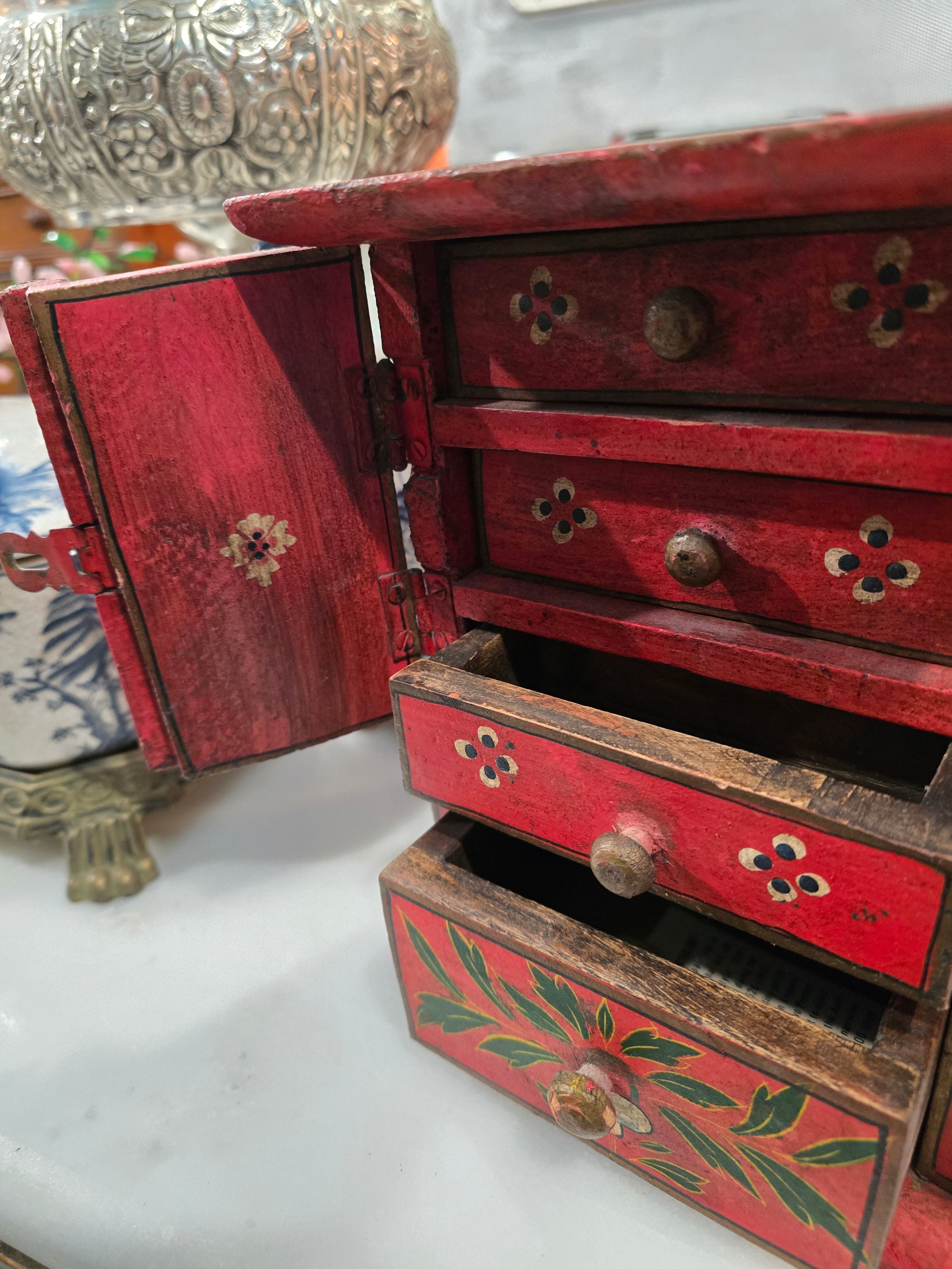 Vintage Handmade Painted Wood Jewelry cabinet
