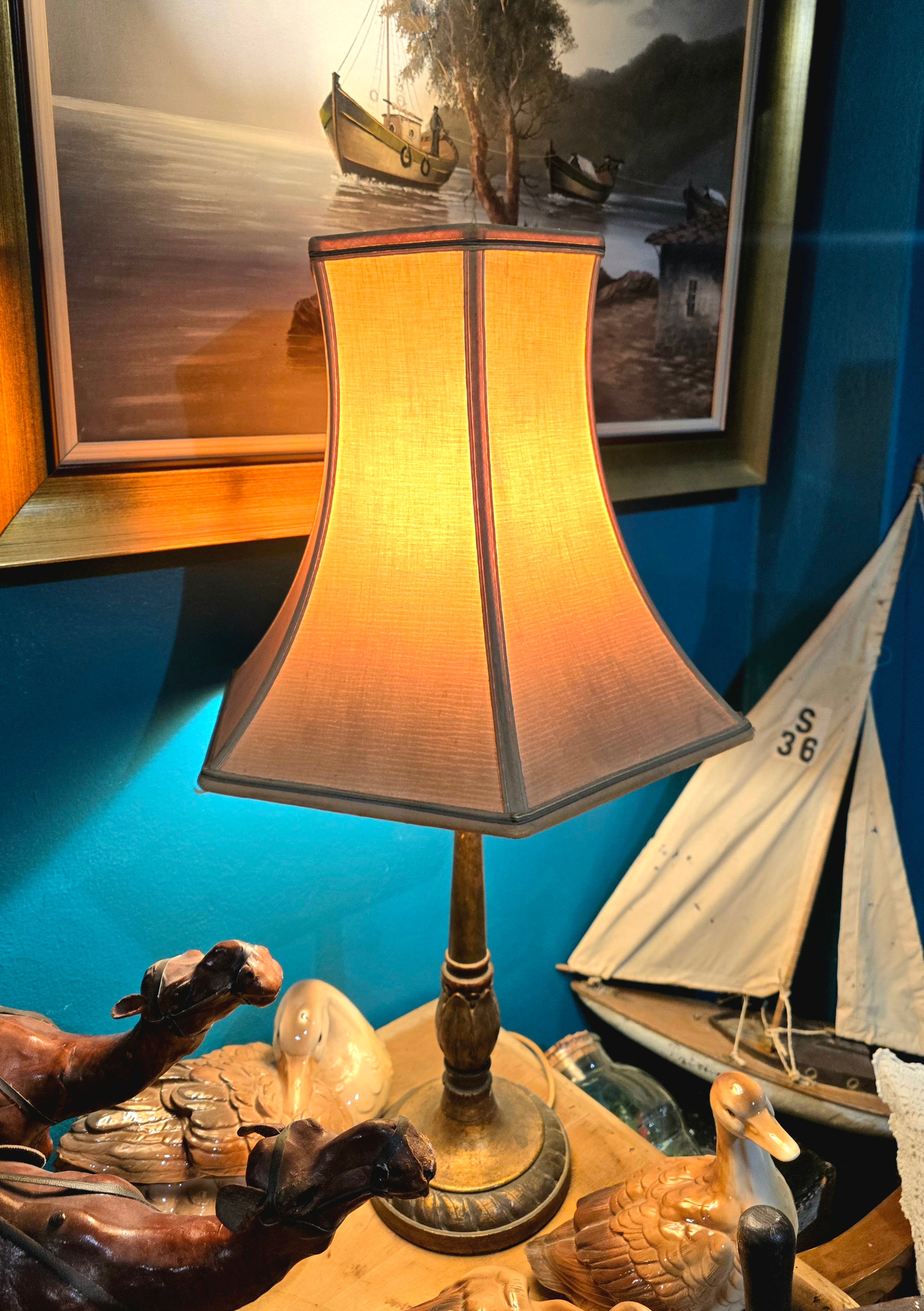 Vintage wood and fabric table lamp